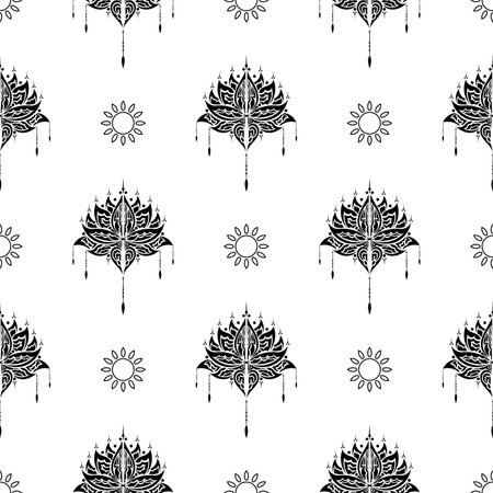 Lotus seamless pattern. Black and white. Good for garments, textiles, backgrounds and prints. Vector illustration.のイラスト素材