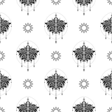 Lotus seamless pattern. Black and white. Good for menus, postcards, books, wallpaper and fabric. Vector illustration.のイラスト素材