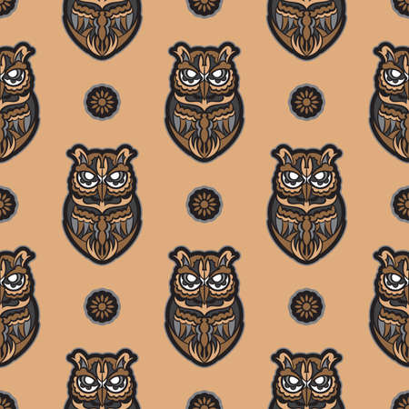 Owls seamless pattern in boho style. Good for backgrounds, prints, apparel and textiles. Vector illustration.のイラスト素材