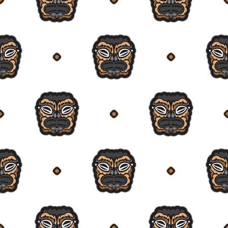 Seamless pattern with the face of the Polynesian tribesmen. Good for prints, backgrounds, postcards, wrapping paper, and textiles. Vector illustration.のイラスト素材