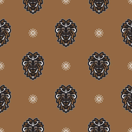 Seamless pattern with tiger head in simple boho style. Good for garments, textiles, backgrounds and prints. Vector illustration.のイラスト素材