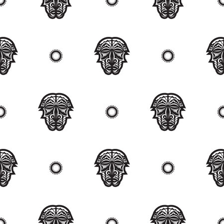 Seamless pattern with tiki face, mask or totem. Patterns in the style of Polynesia. Good for prints, textiles and backgrounds. Isolated. Vector illustration.のイラスト素材
