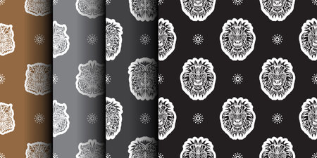 Set of Seamless pattern with a lion's head in a simple style. Good for backgrounds and prints. Vector illustration.のイラスト素材