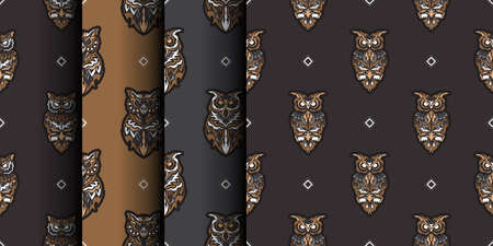 Set of seamless patterns with owls. Exclusive style. Good for T-shirts, postcards and prints. Vector illustration.のイラスト素材