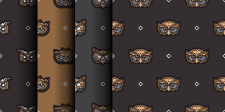 Set of seamless patterns with owls. Exclusive style. Good for T-shirts, postcards and prints. Vector illustration.のイラスト素材