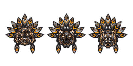 Set of tiger head with feathers. Ready-made print for T-shirts, cups and phone cases. Vector illustration.のイラスト素材