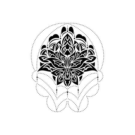 Tattoo Lotus or water lily shapes, graphic elements in black on white background, Indian modern ornaments. Vector illustration.のイラスト素材