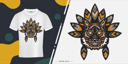 Tiger head with feathers. Ready print for printing. Vector illustration.のイラスト素材