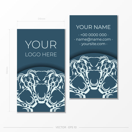 Business card template in Blue color with luxurious light patterns. Print-ready business card design with vintage ornament.のイラスト素材