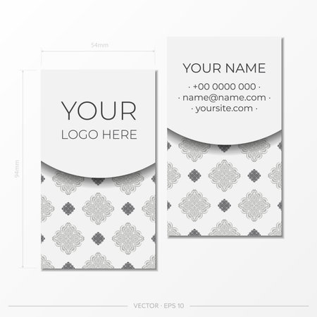 Business card template in white color with gorgeous vector patterns of mandala ornaments. Print-ready business card design with monogram patterns.のイラスト素材