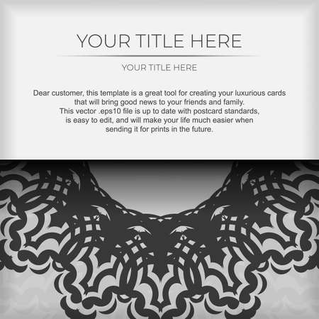 Preparing postcards in white with black patterns. Template for print design invitation card with mandala ornament.のイラスト素材