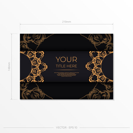 Rectangular Black Postcard Template with Luxurious Gold Patterns. Print-ready invitation design with vintage ornaments.のイラスト素材
