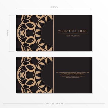 Rectangular postcard design in black with luxurious patterns. Stylish invitation with vintage ornament.のイラスト素材