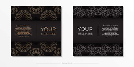 Square vector postcard design in black color with luxury ornaments. Stylish invitation with vintage patterns.のイラスト素材