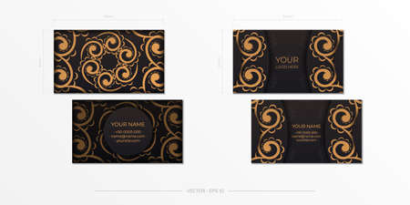 Vector Black colored business cards preparation with magnificent vector patterns of mandala ornaments. Template for print design business card with monogram patterns.のイラスト素材