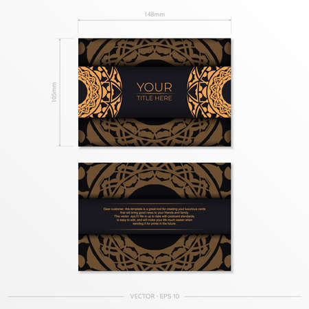 Vector Template for print design postcard black color with orange ornament. Preparing an invitation with a place for your text and abstract patterns.のイラスト素材