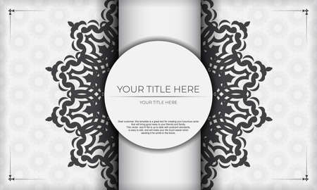 White background with black vintage ornaments and place for your design. Template for print design invitation card with mandala ornament.のイラスト素材
