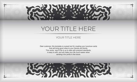 White background with black vintage ornaments and place for your design. Template for print design invitation card with mandala ornament.のイラスト素材