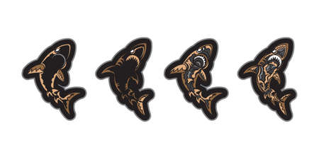 A set of colored prints of a shark in the Polynesian style. Vector illustration.のイラスト素材