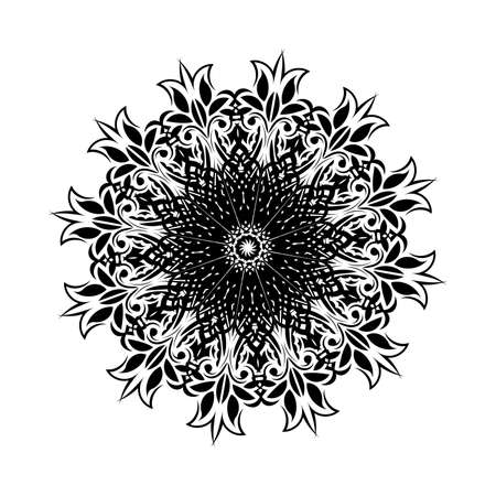 Round mandala. Black and white oriental pattern. Ethnic motif. Coloring. Tattoo template, henna ornament. Psychedelic vector.のイラスト素材