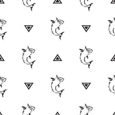 Seamless black and white pattern with sharks. Good for backgrounds and prints. Vector illustration.のイラスト素材
