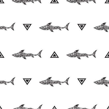 Seamless black and white pattern with sharks. Good for covers, fabrics, postcards and printing. Vector illustration.のイラスト素材