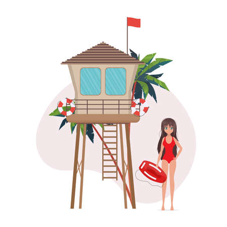 A woman near a life buoy. Beach lifeguard girl in a swimsuit. For banners. Cartoon anime style. Vector illustrationのイラスト素材