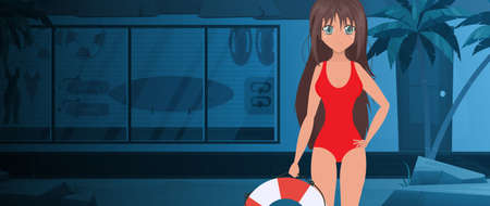 Beach rescue post. A lifeguard girl in a red swimsuit holds a lifebuoy in her hands. Cartoon style, vector illustration.のイラスト素材