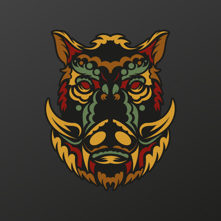 Boar face in baroque color. The muzzle of an animal from the patterns of ancient tribes. Isolated. Vector illustrationのイラスト素材