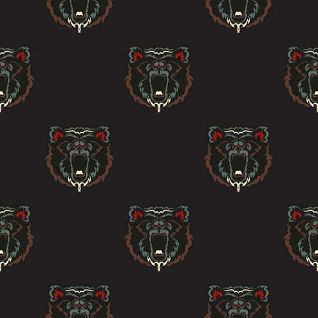 Dark seamless pattern with faces of bears. Baroque colors. Good for murals, textiles and printing. Vector illustration.のイラスト素材