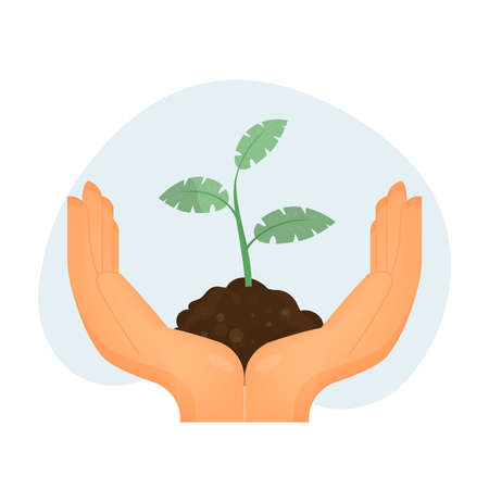 Green plant sustainability illustration and environmental problem symbol with hands holding tiny plants. Isolated, vector illustration.のイラスト素材