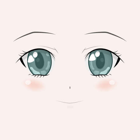 Happy anime face. Manga style big green eyes, little nose and kawaii mouth. Hand drawn vector illustration. Isolated on white.のイラスト素材