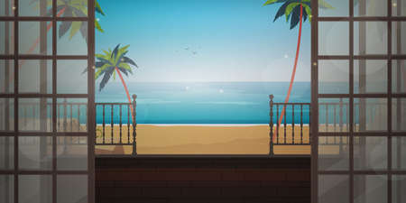 landscape of the beach in the morning at the houseのイラスト素材