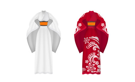 Long red and white silk kimono, summer kimono, silk home clothes, bridesmaid wedding robes, natural robe. Isolated. Vector.のイラスト素材