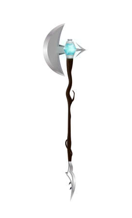 Magic ax or walking stick with crystal in cartoon style. Vector illustrationのイラスト素材