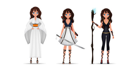 Set of anime girls superheroes. Woman in kimono with katanas. Cartoon style. Isolated. Vector.のイラスト素材