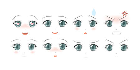 Set of Vector Cartoon Anime Style Expressions. Anime girl in japanese. Anime style, drawn vector illustration. Sketch.のイラスト素材