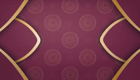 Burgundy color banner template with vintage gold ornament and place for logo or text
