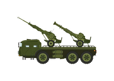 A military tractor vehicle transports a tank. Transportation of military equipment. Vector illustrationのイラスト素材