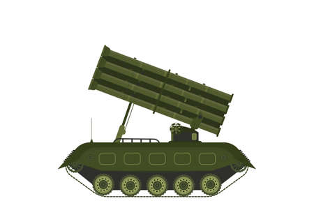 Self-propelled anti-tank missile system. Research, inspection, optical review, missiles, air attack. Equipment for the war. All Terrain Vehicle, heavy machinery. Vector illustrationのイラスト素材