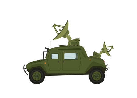 Radar guns. The broadcast, satellite communications. Antennas, receivers, communication with headquarters. Determining enemy locations. Special military equipment. All Terrain Vehicle, heavy vehicles.のイラスト素材
