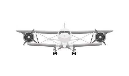 Front view of white airplane biplane with piston engine and propeller. Isolated on a white backgroundのイラスト素材