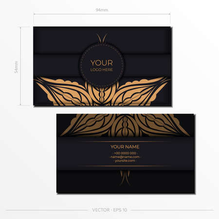 Business card with gold mandala and monogram on black background. Vector illustration.のイラスト素材