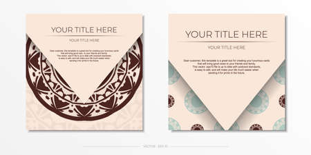 Invitation card design with space for your text and abstract patterns. Beige color postcard design with mandala ornament.のイラスト素材