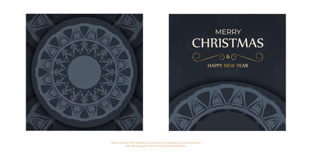 Postcard template Merry Christmas and Happy New Year in dark blue color with luxury blue ornamentsのイラスト素材