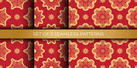 Set of red Christmas seamless pattern with ornament. Good for murals, textiles, postcards and prints. Vector illustration.のイラスト素材