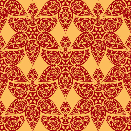 Red and yellow seamless pattern with vintage ornament. Vector illustration.のイラスト素材