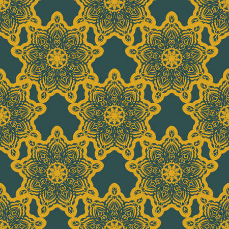 Green and yellow seamless pattern with vintage ornament. Good for backgrounds, prints, apparel and textiles. Vector illustration.のイラスト素材