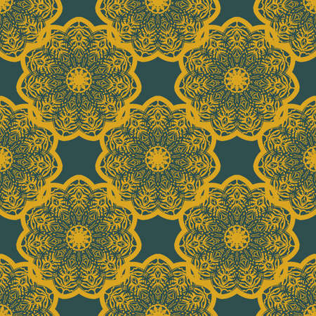 Green and yellow seamless pattern with vintage ornament. Good for murals, textiles, postcards and prints. Vector illustration.のイラスト素材