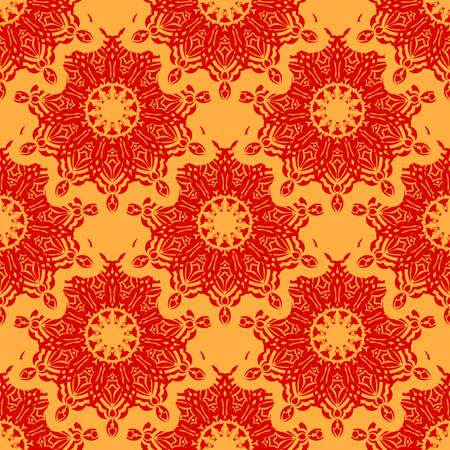 Red and yellow seamless pattern with vintage ornament. Good for covers, fabrics, postcards and printing. Vector illustration.のイラスト素材